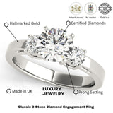 Verlobungsring mit drei Steinen, drei Diamanten, im Labor gezüchtet, rund, Platin, DE/VS, 2 ct