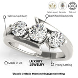 Three-stone diamond engagement ring with hallmarking details on a white background