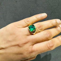 3 Carat Lab Created Solitaire Cushion Cut Emerald Gemstone Ring in 18K Yellow Gold