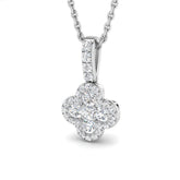 Close-up of a luxury white gold diamond flower pendant necklace featuring a brilliant floral design.