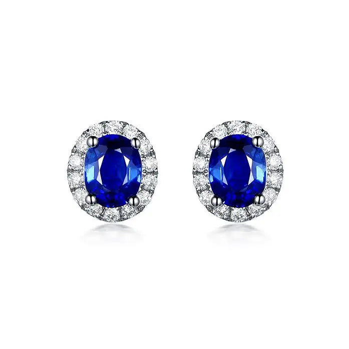 1.90 Carat Oval Shape Blue Sapphire Halo Stud Earring