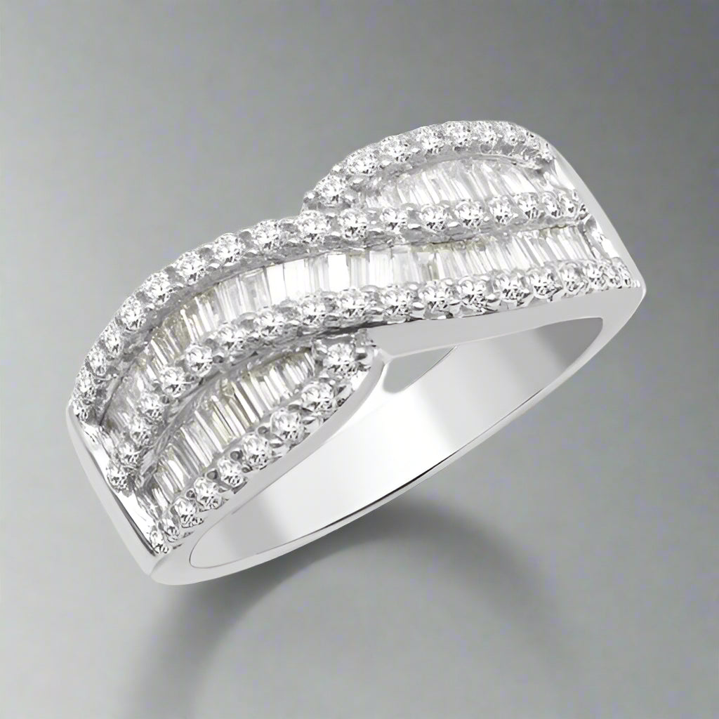 Bague de fiançailles croisée avec diamants naturels taille baguette et ronds de 1,00 carat