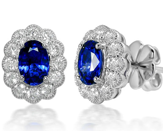 0.80 Carat Oval Blue Sapphire Halo Stud Earring