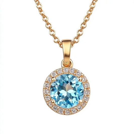 0.44 Carat Round Shape Aquamarine and Natural Diamond Halo Necklace