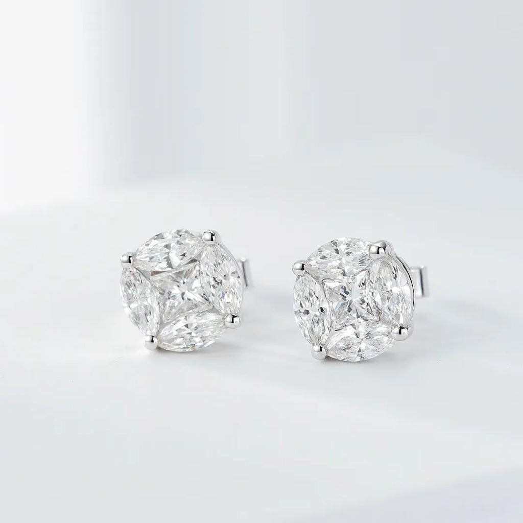 Natural Marquise Princess Diamond Stud Earrings 18k