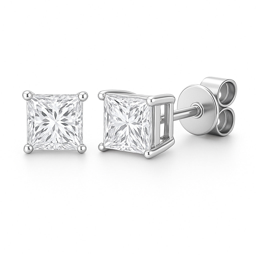 V-Prong Set Princess-Cut Lab-Grown Diamond Stud Earrings
