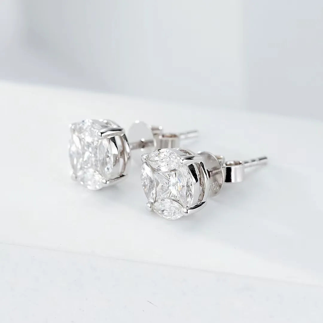 Natural Marquise and Princess Diamond Illusion Stud Earrings