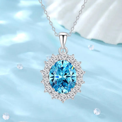 2.29 Carat Oval Shape Aquamarine and Natural Diamond Cluster Necklace