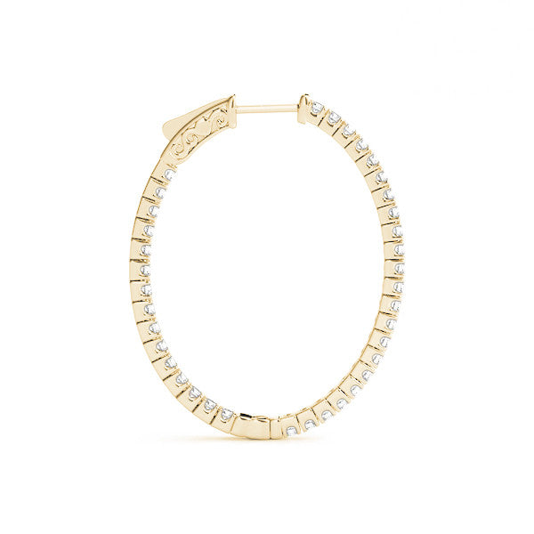 Gold hoop earring with embedded diamonds on a white background