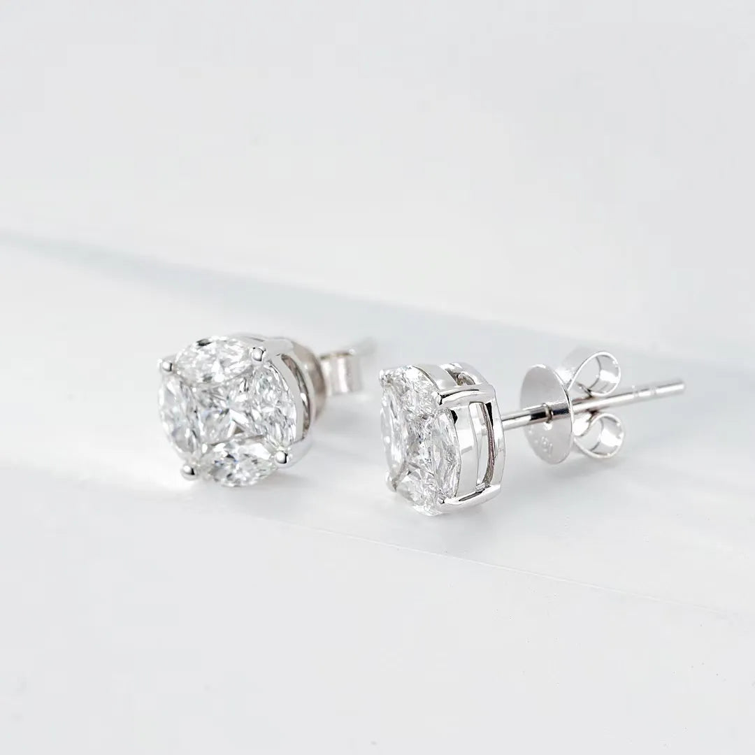 Natural Marquise and Princess Diamond Illusion Stud Earrings