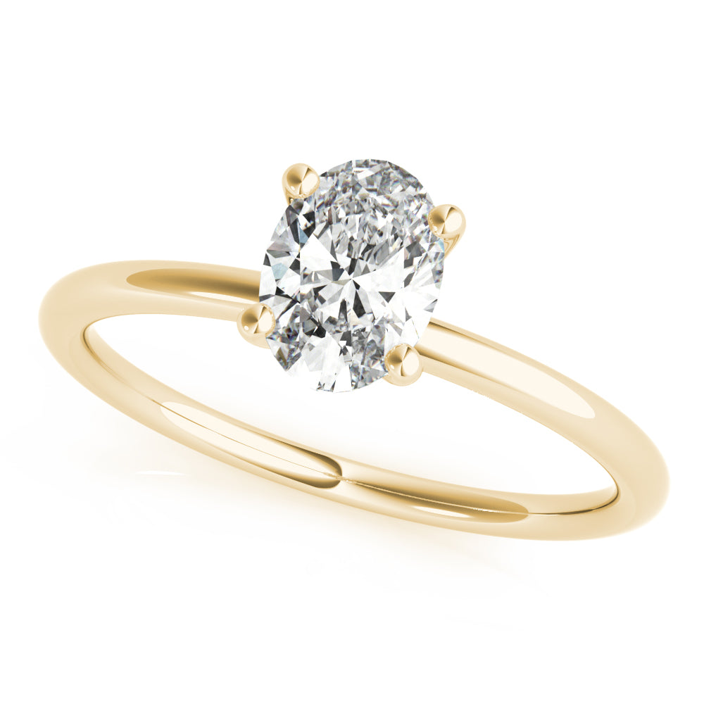 Lab-grown oval diamond solitaire engagement ring with a 4 claw setting, displayed on a white background.