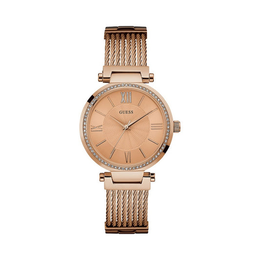 Guess Ladies Rose Gold Watch With Crystal Detailing and Rose Gold Wire Bracelet W0638L4, Women's