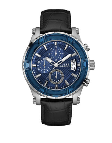 GUESS Men's Chronograph Watch – Leather Strap, Stainless Steel Case, Quartz Movement