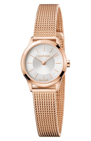 CK Calvin Klein K3m23626 Ladies Rose Gold Mesh Bracelet White Dial Watch One Size