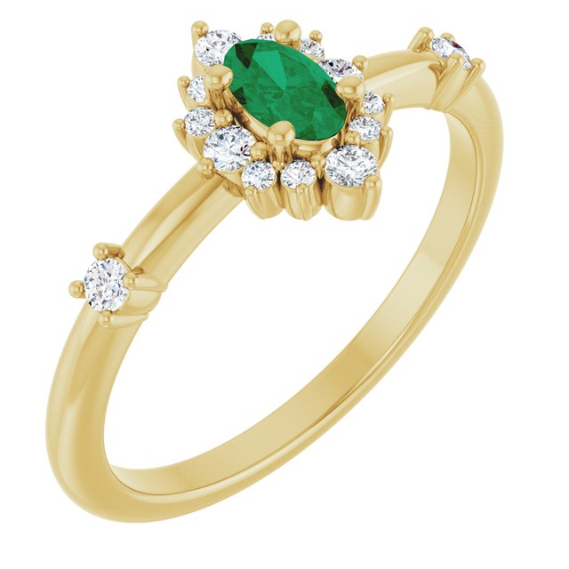 Oval Emerald Halo Ring with Diamond Accents in Yellow Gold