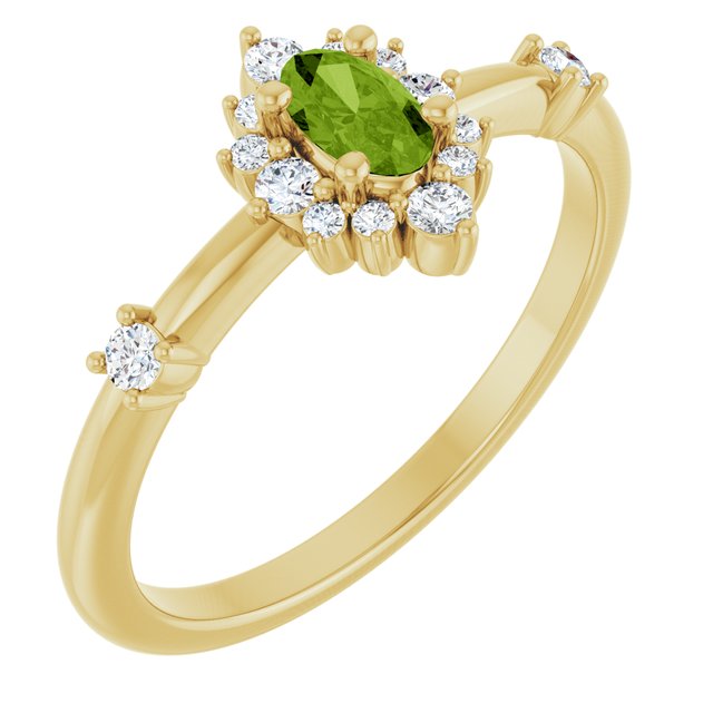 Oval Peridot Halo Ring with Diamond Accents in Yellow Gold