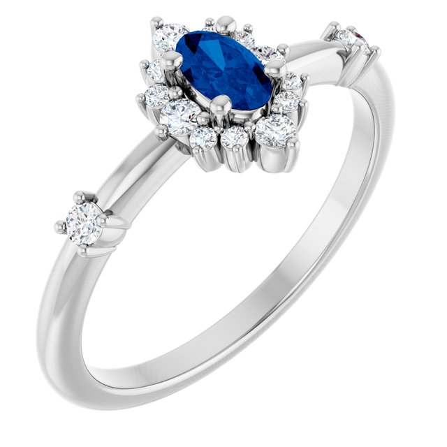 Oval Lab-Grown Blue Sapphire & Diamond Halo Ring in Platinum