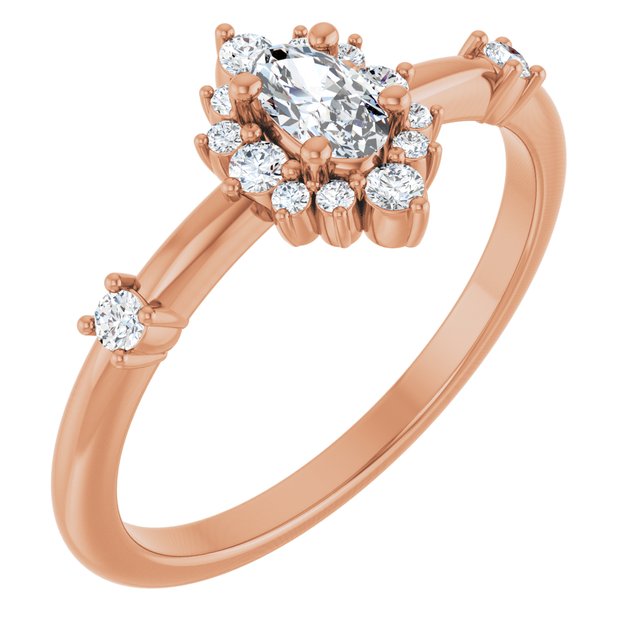 Oval White Sapphire Halo Ring with Diamond Accents in Rose Gold