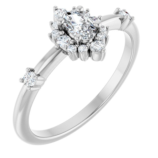 Oval White Sapphire Halo Ring with Diamond Accents in White Gold