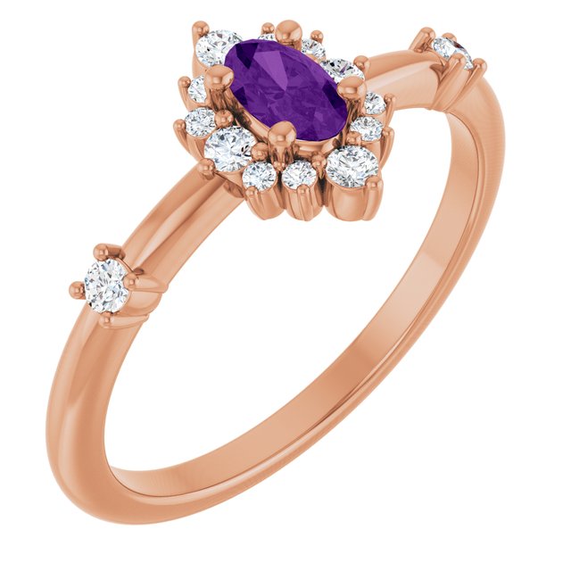 Oval Amethyst Halo Ring with Diamond Accents in Rose Gold
