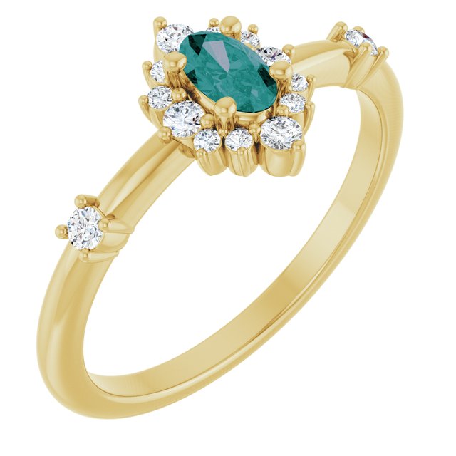 Oval Lab-Grown Alexandrite & Diamond Halo Ring in Yellow Gold
