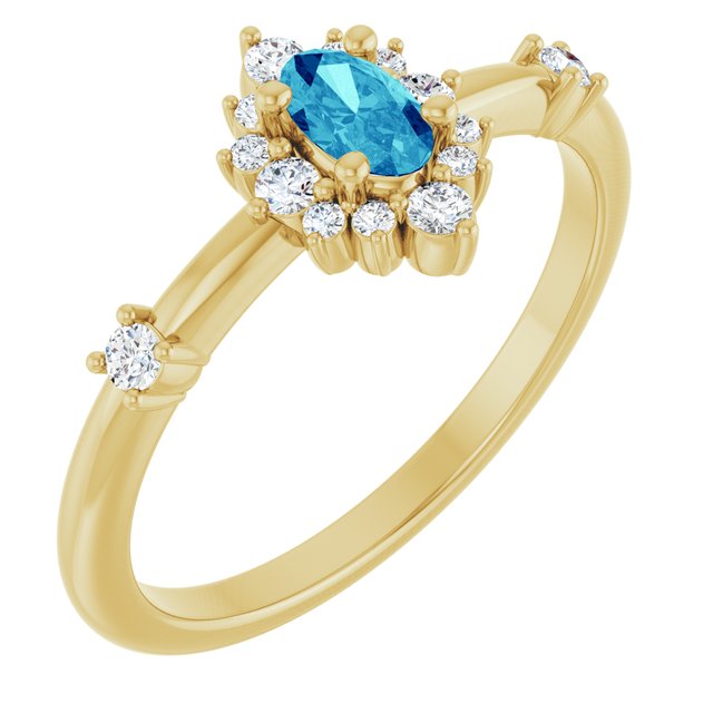 Oval Blue Zircon Halo Ring with Diamond Accents in Yellow Gold