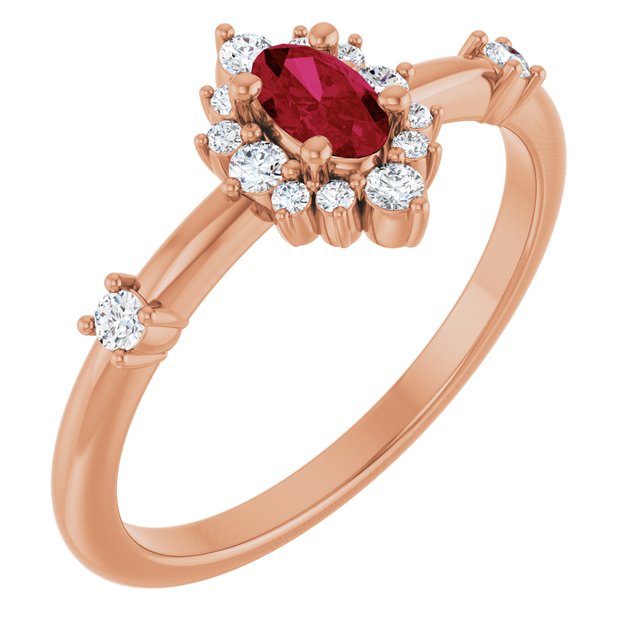 Oval Ruby Halo Ring with Diamond Accents in Rose Gold