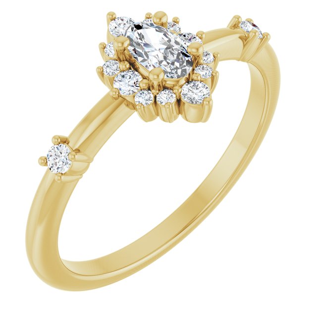 Oval White Sapphire Halo Ring with Diamond Accents in Yellow Gold