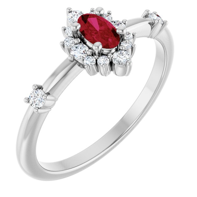 Oval Lab-Grown Ruby Halo Ring with Diamond Accents in White Gold