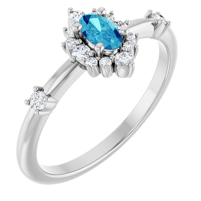 Oval Blue Zircon Halo Ring with Diamond Accents in White Gold