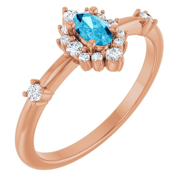 Oval Aquamarine Halo Ring with Diamond Accents in Rose Gold