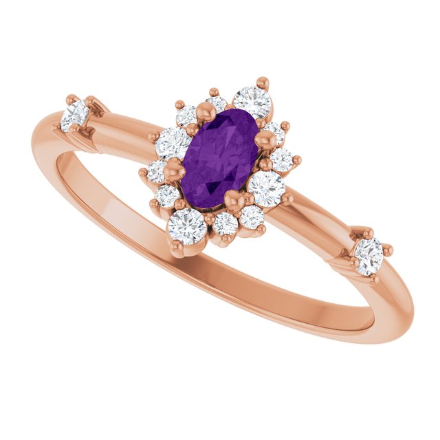 Oval Amethyst Halo Ring with Diamond Accents in Rose Gold