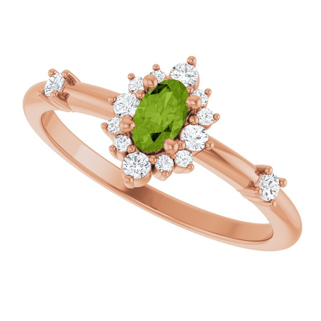 Oval Peridot Halo Ring with Diamond Accents in Rose Gold
