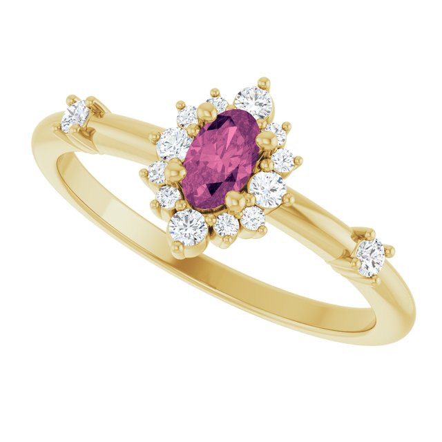 Oval Pink Tourmaline Halo Ring with Diamond Accents in Yellow Gold