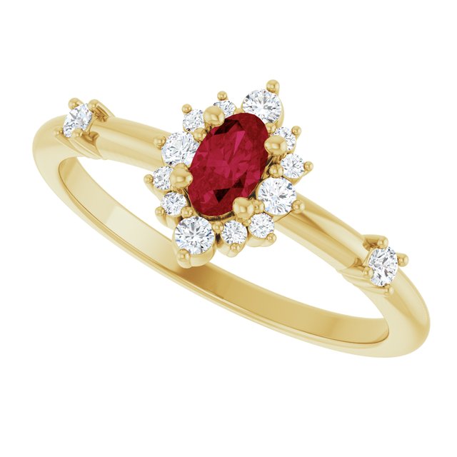 Oval Lab-Grown Ruby Halo Ring with Diamond Accents in Yellow Gold