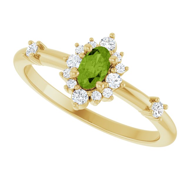 Oval Peridot Halo Ring with Diamond Accents in Yellow Gold