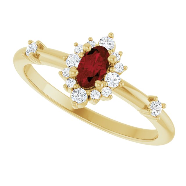 Oval Mozambique Garnet & Diamond Halo Ring in Yellow Gold