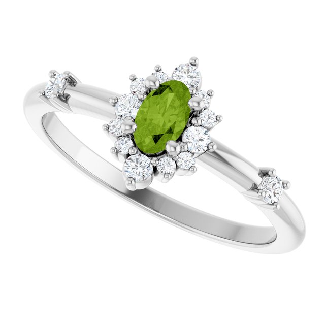 Oval Peridot Halo Ring with Diamond Accents in White Gold