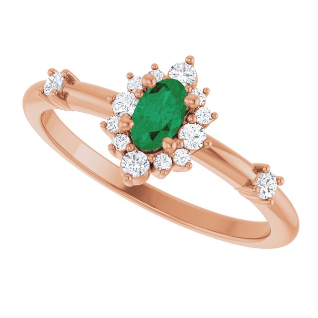 Oval Emerald Halo Ring with Diamond Accents in Rose Gold