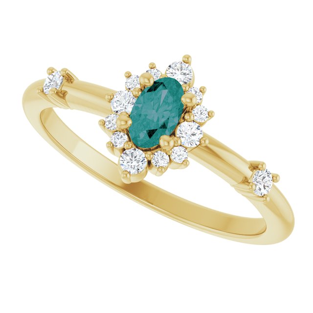 Oval Lab-Grown Alexandrite & Diamond Halo Ring in Yellow Gold