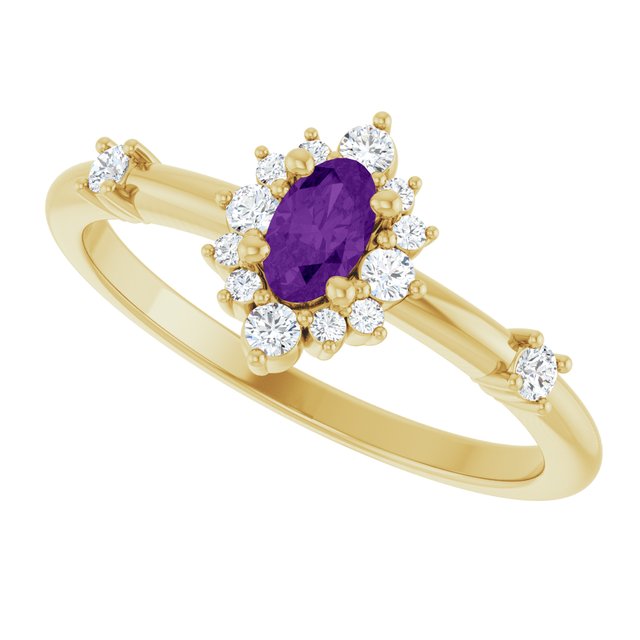 Oval Amethyst Halo Ring with Diamond Accents in Yellow Gold