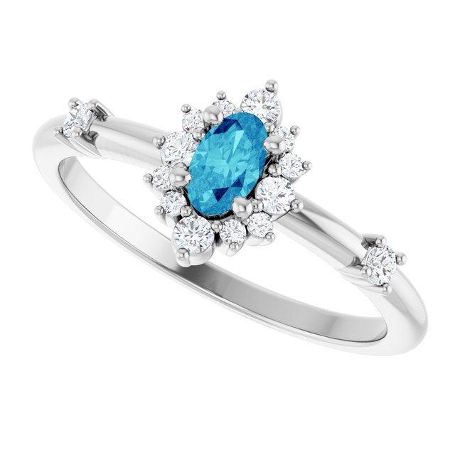 Oval Blue Zircon Halo Ring with Diamond Accents in Platinum