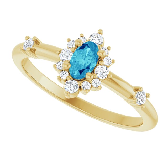 Oval Blue Zircon Halo Ring with Diamond Accents in Yellow Gold