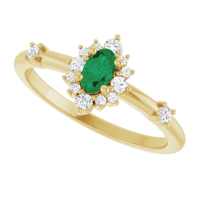 Oval Lab-Grown Emerald & Diamond Halo Ring in Yellow Gold