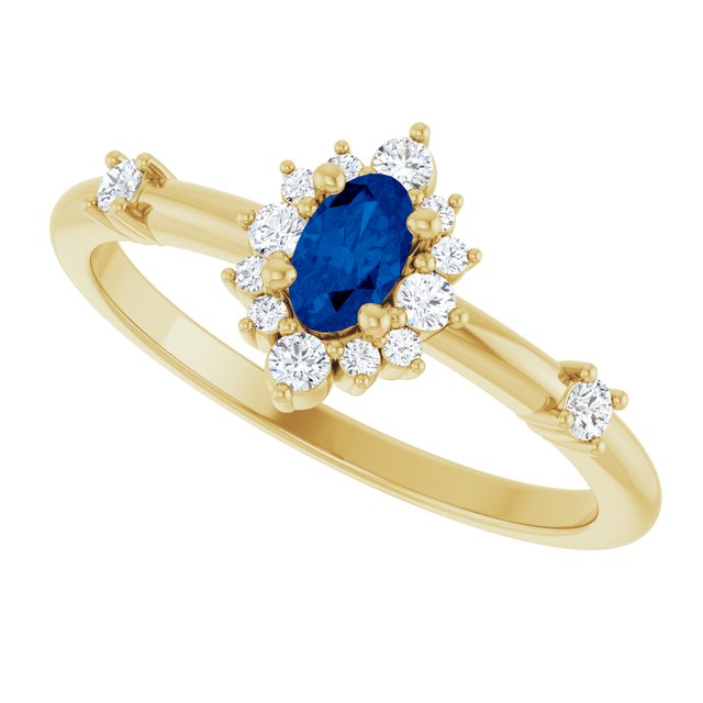 Oval Blue Sapphire Halo Ring with Diamond Accents in Yellow Gold