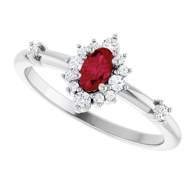Oval Ruby Halo Ring with Diamond Accents in White Gold