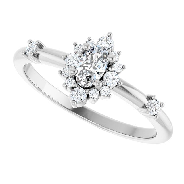 Oval White Sapphire Halo Ring with Diamond Accents in White Gold