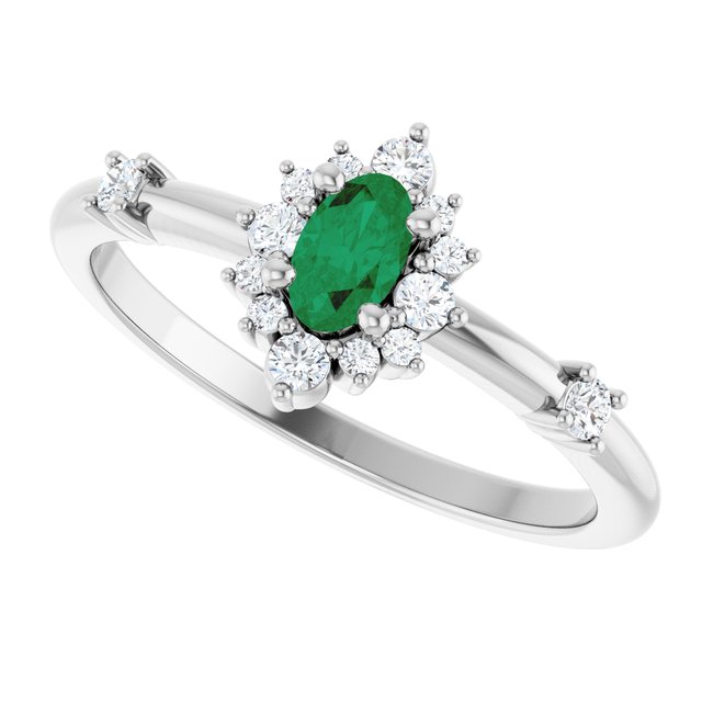 Oval Lab-Grown Emerald Halo Ring with Diamond Accents in Platinum
