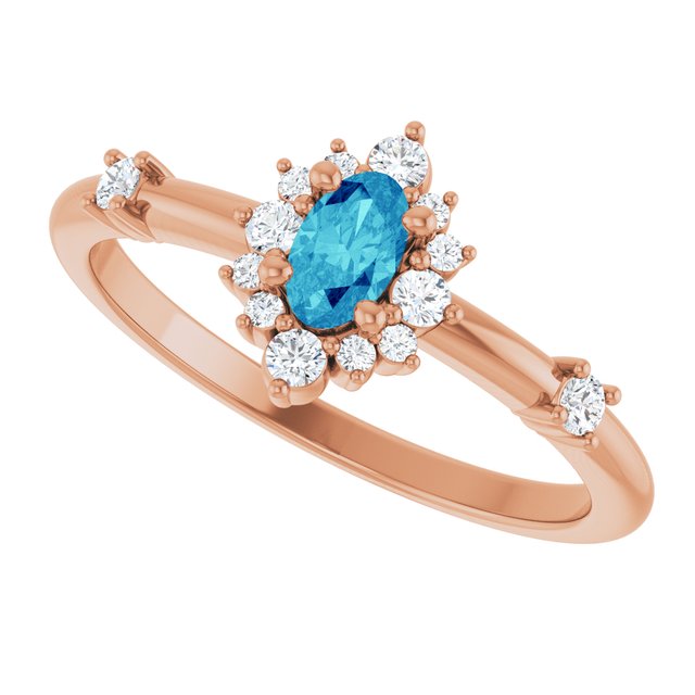 Oval Blue Zircon Halo Ring with Diamond Accents in Rose Gold