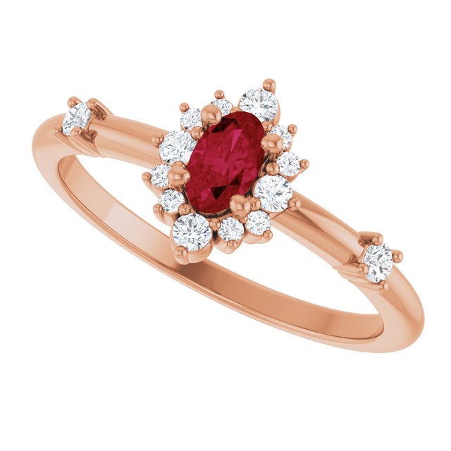 Oval Lab-Grown Ruby Halo Ring with Diamond Accents in Rose Gold